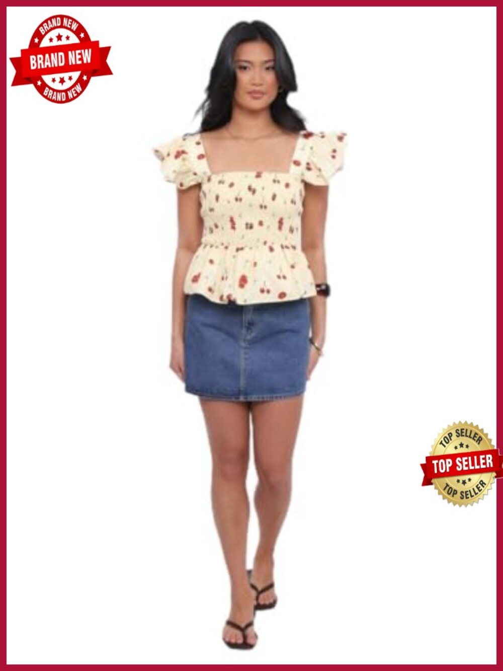 Smocked Ruffle Crop Top with Square Neckline and Peplum Hem